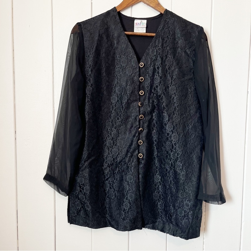Vintage Style My Way Black Lace Sheer Sleeved Button Down Shirt. Size Medium.